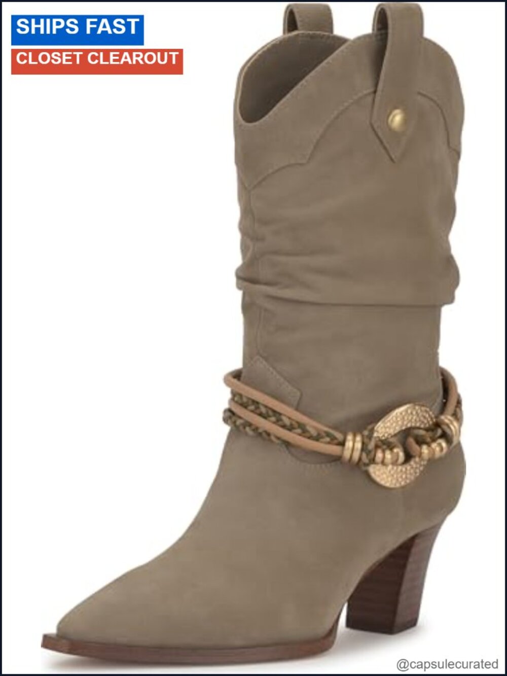 Leather Mid-Calf Slouch Bootie Stacked Heel Pointed Toe Pull-On